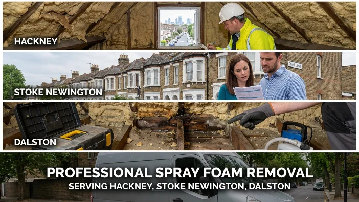 Spray foam removal in Hackney - workers inspecting insulation in loft with London skyline view, terraced houses in Stoke Newington and Dalston, and property survey revealing hidden spray foam defects across these East London areas