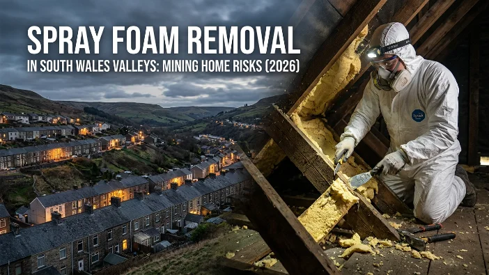 Spray foam removal in South Wales Valleys - worker in protective gear extracting insulation from a mining home attic with terraced houses in the background, highlighting shared risks in former mining towns in 2026