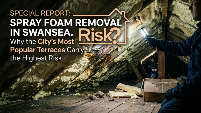 Spray foam removal Swansea - worker inspecting insulation in a dark attic of a terraced house with a flashlight, highlighting the high risks for popular Swansea homes