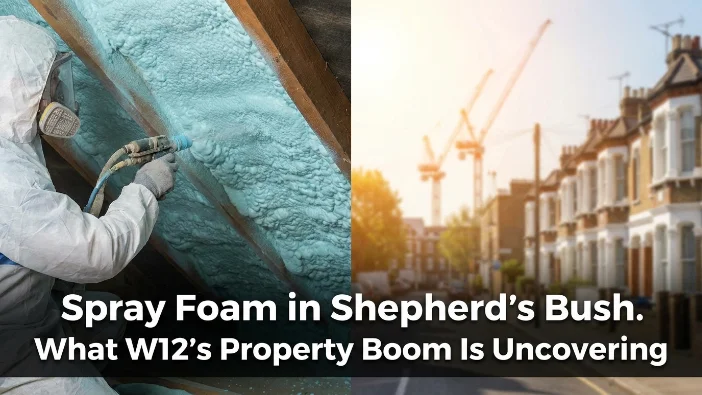 Spray foam Shepherd's Bush - worker applying insulation in a loft next to W12 terraced houses and construction cranes, highlighting hidden issues uncovered by the property boom