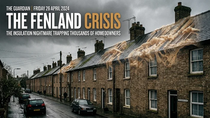 Spray foam in Wisbech and March - The Fenland Crisis newspaper headline showing terraced homes with peeling insulation, highlighting the nightmare trapping homeowners in 2026