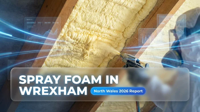 Spray foam in Wrexham - worker applying insulation between roof rafters with a digital 2026 North Wales report overlay, highlighting hidden issues sellers keep discovering