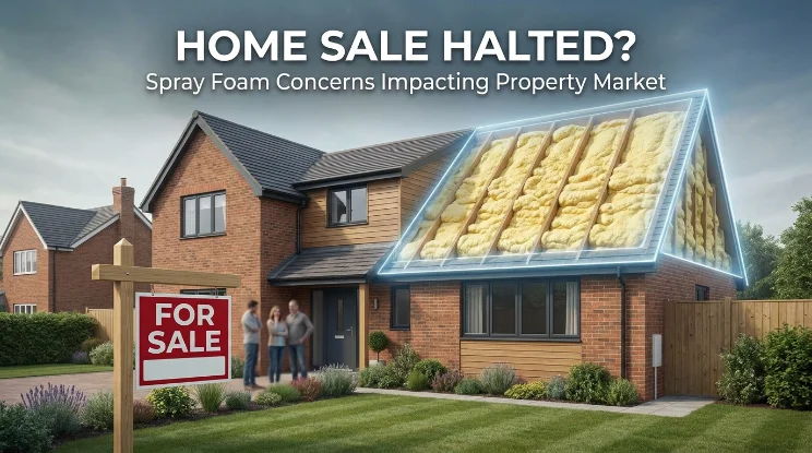 Spray foam in Essex - modern house with a for sale sign and a glowing roof cutaway showing yellow loft insulation, illustrating how spray foam concerns are halting home sales in London's commuter county