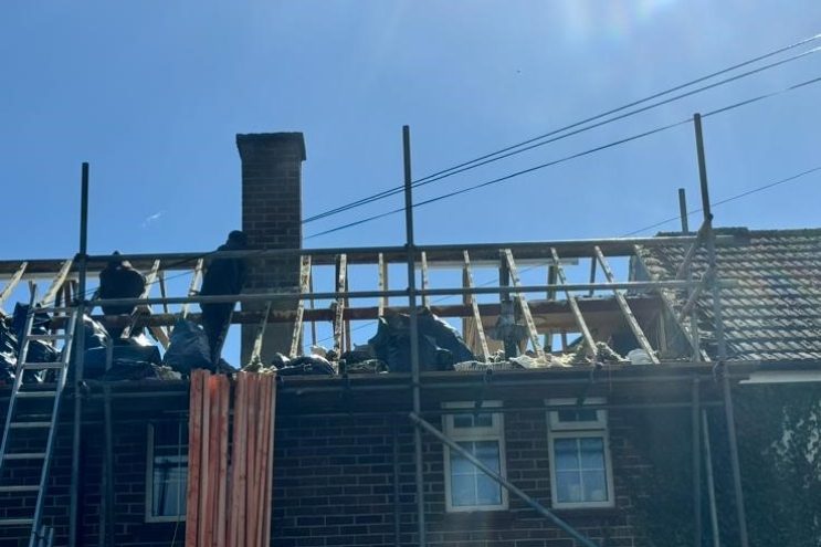 Spray foam insulation removal in Cumbria, professional roof insulation extraction and timber restoration by local roofing contractors with scaffolding