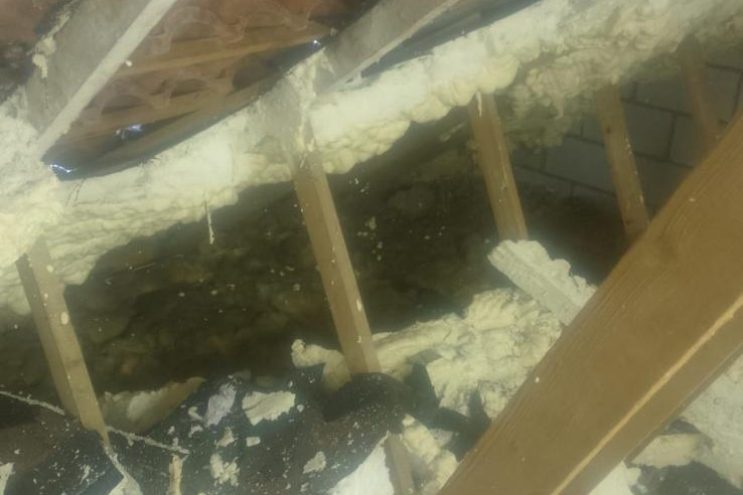 Spray foam insulation removal in Northamptonshire showing roof rafters and attic space during extraction, professional roof restoration service
