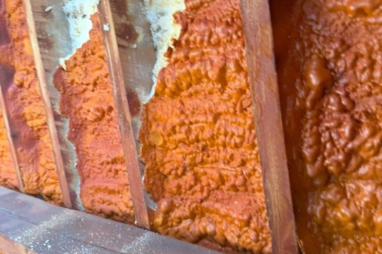 Spray foam insulation removal in Worcestershire showing orange spray foam on timber rafters requiring professional extraction service